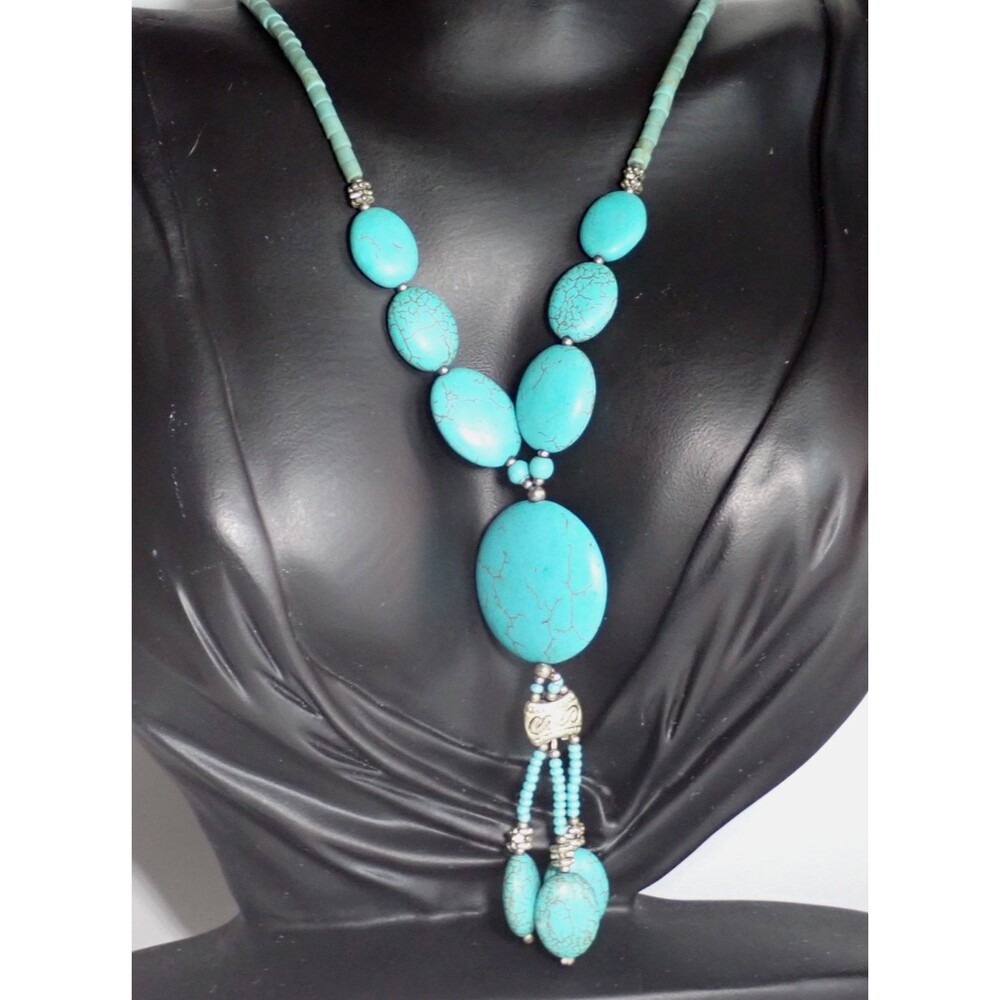 Faux Turquoise Silver Tone Stone & Bead "Y" Drop Pendant Statement Necklace 19"